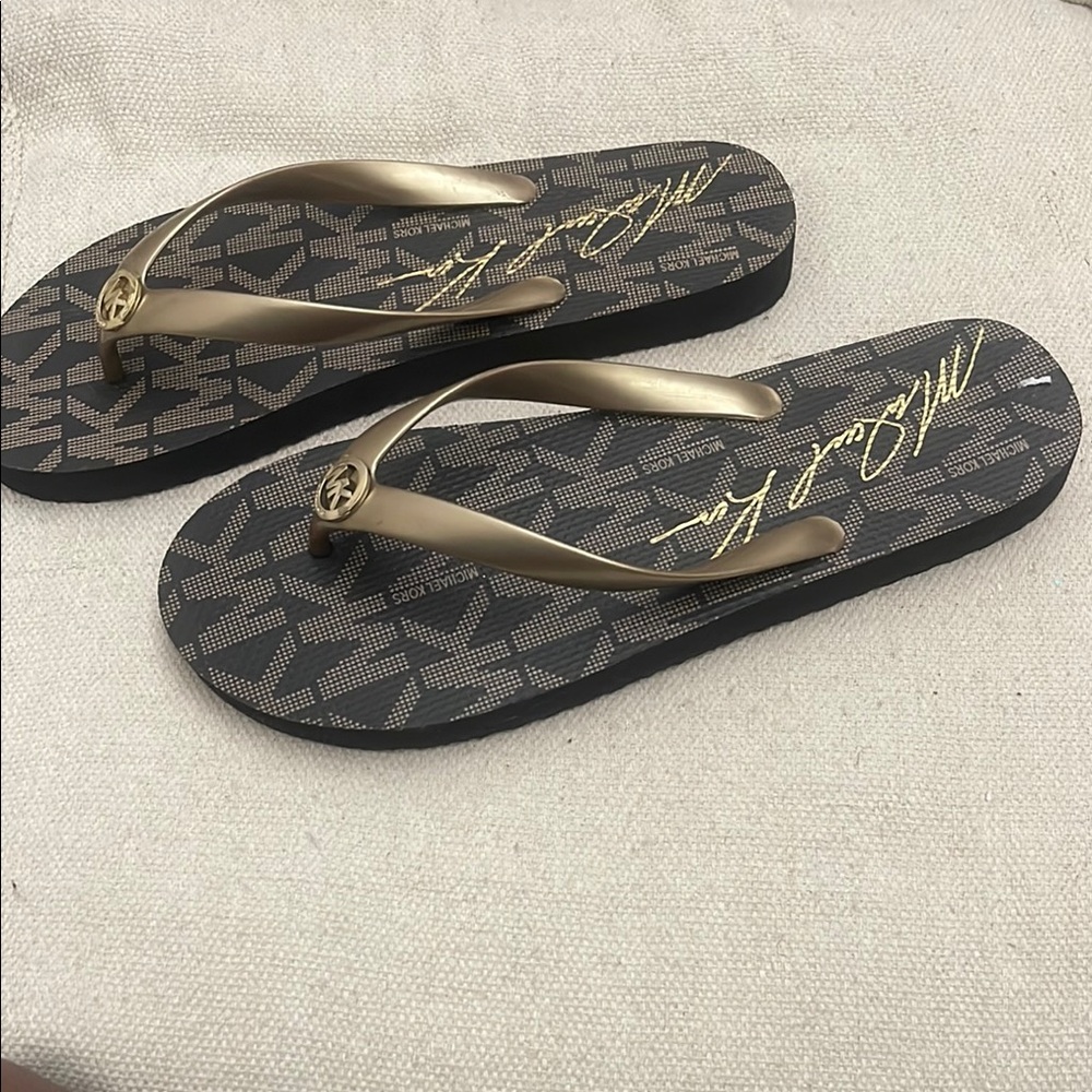 Michael Kors Black and Gold Logo Flip Flops - Picture 2 of 3